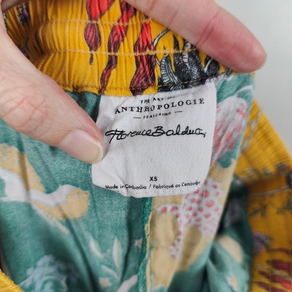 Anthropologie Pajama Pants Womens XS Florence Broadhurst Green Floral Bird Print - Picture 6 of 8